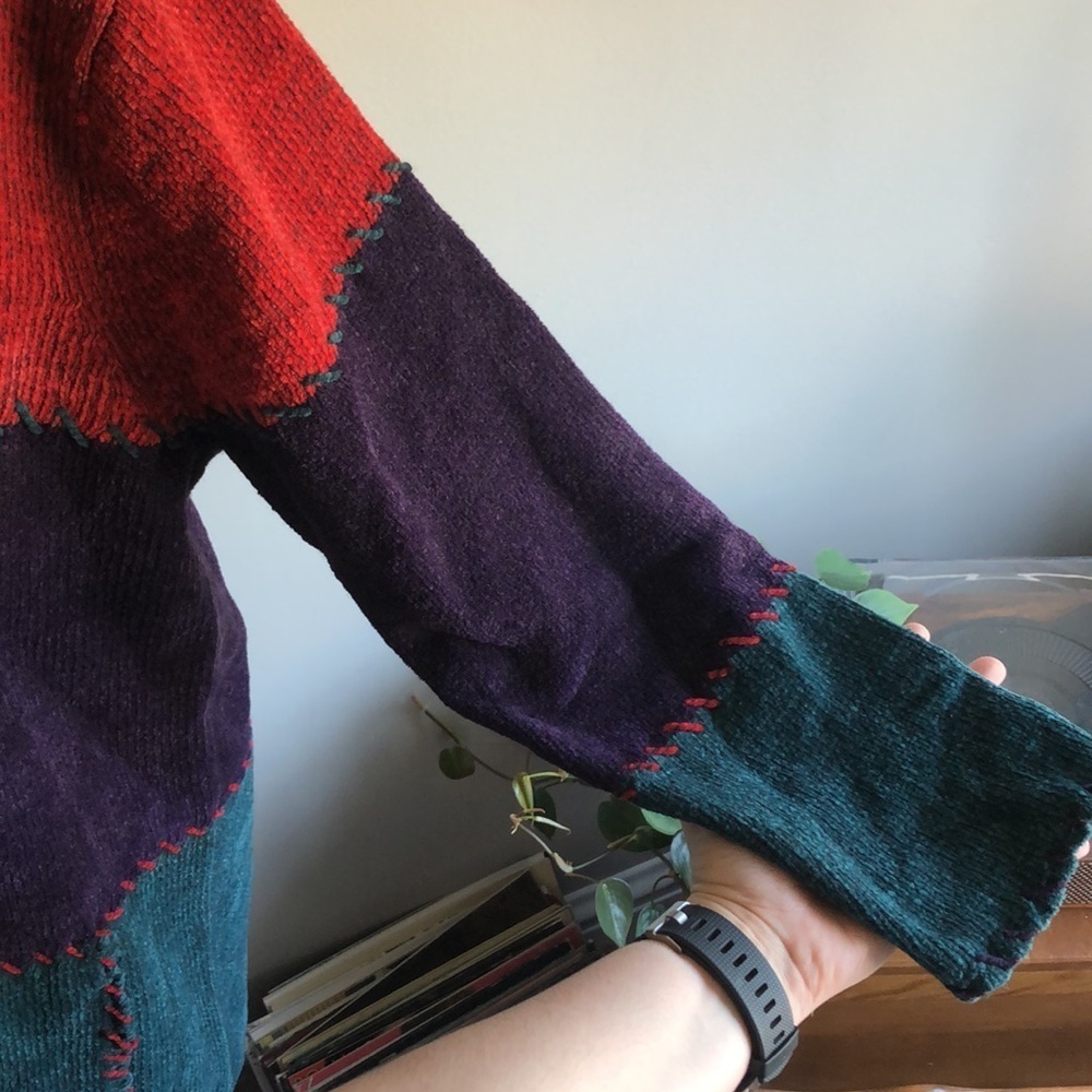 Vintage 90s Studio Works Patchwork Stitch Longline Chenille Knit Cardigan - Picture 5 of 10